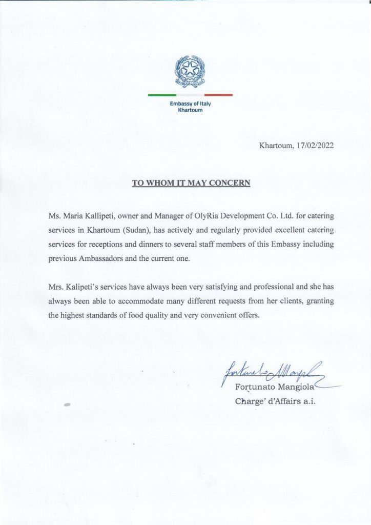 Italian Embassy reference letter 2022